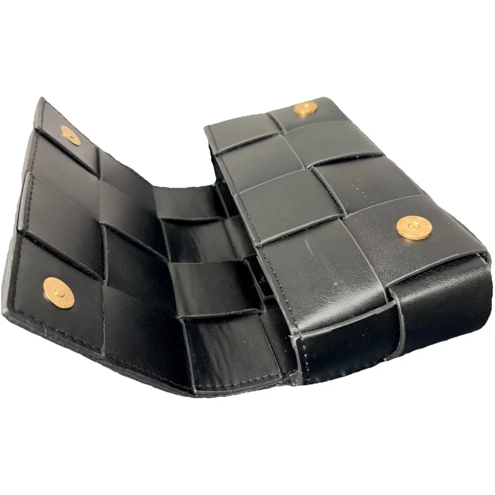 Black Woven Faux Leather Clutch Bag‎ Padded Weave Snap Closure Small Purse